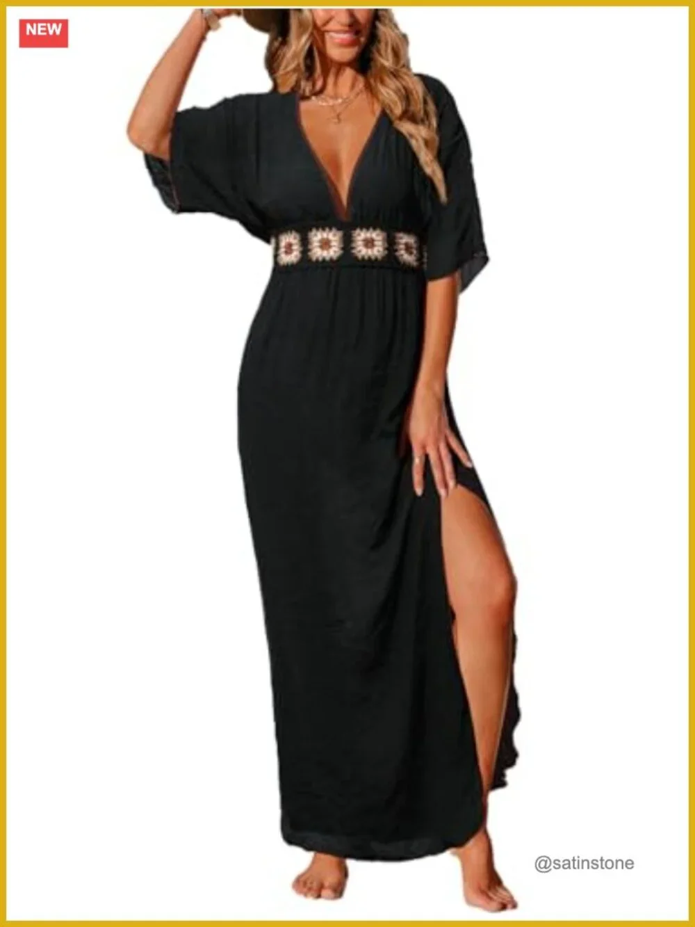 Swimsuit Coverup Maxi Dress V Neck Half Sleeve Side Slit Crochet Panel